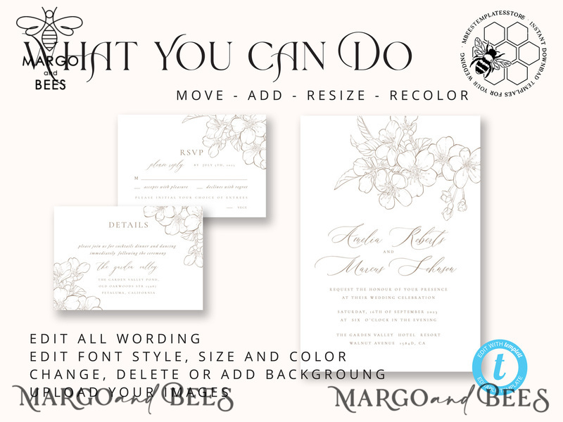 Modern Beige wedding Invitation Template, Elegant Instant Download Printable Invites Home Printing, Boho Cherry Wedding Invitation Card Set-6