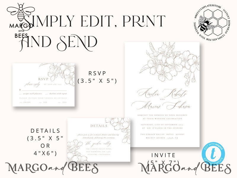 Modern Beige wedding Invitation Template, Elegant Instant Download Printable Invites Home Printing, Boho Cherry Wedding Invitation Card Set-7