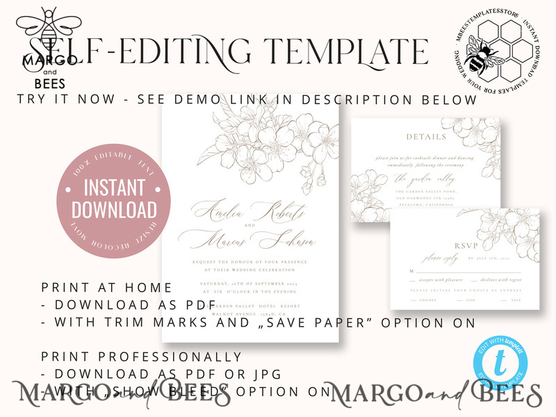 Modern Beige wedding Invitation Template, Elegant Instant Download Printable Invites Home Printing, Boho Cherry Wedding Invitation Card Set-8
