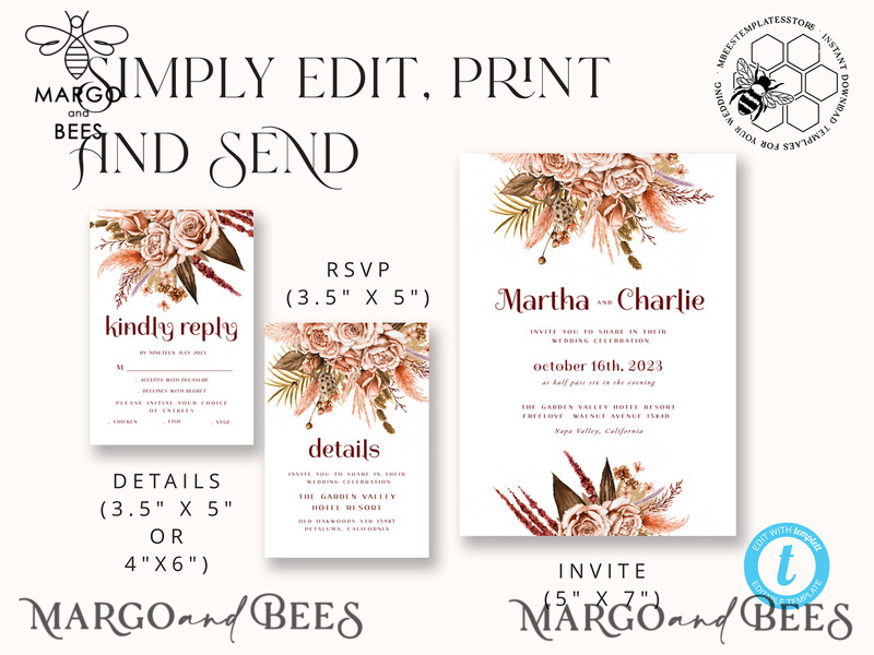 Boho fall wedding Invitations Set Template, Instant Download Printable Invites Home Printing, Terracotta Autumn Fine Art Invitation Card Set-5