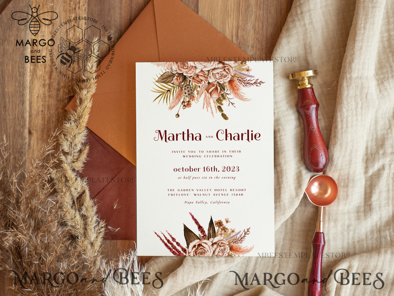 Boho fall wedding Invitations Set Template, Instant Download Printable Invites Home Printing, Terracotta Autumn Fine Art Invitation Card Set-2