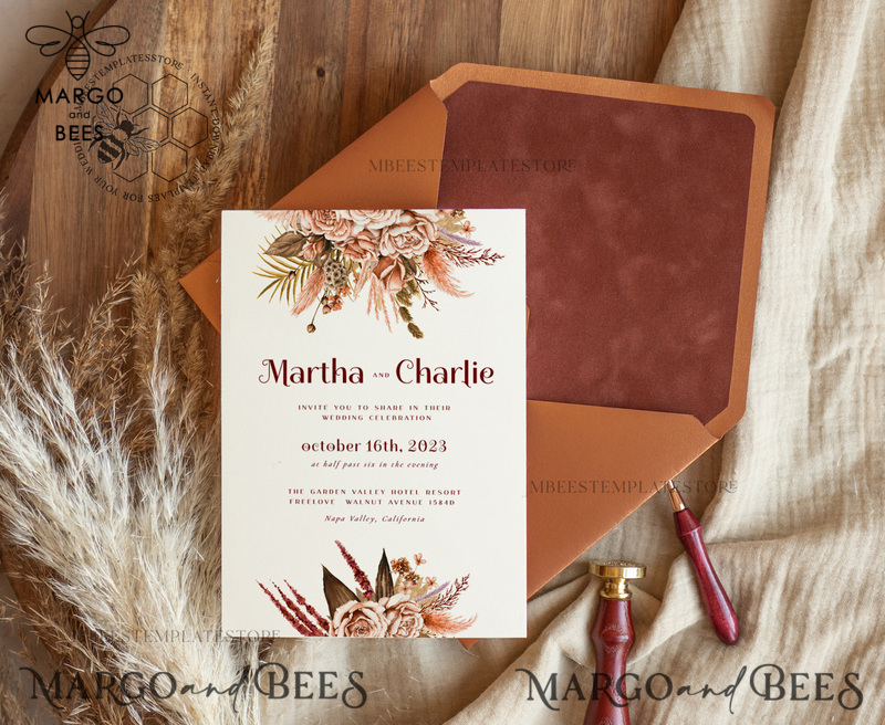 Boho fall wedding Invitations Set Template, Instant Download Printable Invites Home Printing, Terracotta Autumn Fine Art Invitation Card Set-0