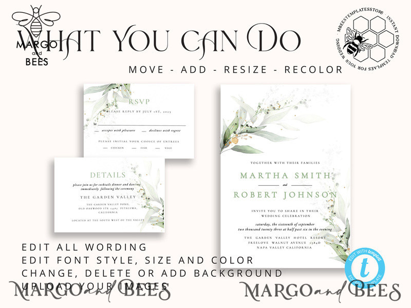 Sage Green wedding invitation template, Instant download Greenery Wedding Invites, Modern Garden Wedding Invitations Set Printable-5