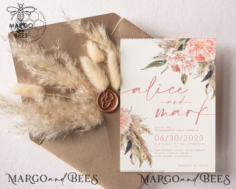 Elegant Boho wedding Invitations Set Template, Instant Download Printable Invites Home Printing, Simple Boho Wedding Invitation Card Set-2