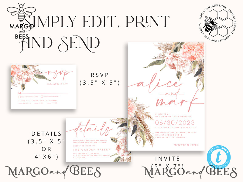 Elegant Boho wedding Invitations Set Template, Instant Download Printable Invites Home Printing, Simple Boho Wedding Invitation Card Set-4