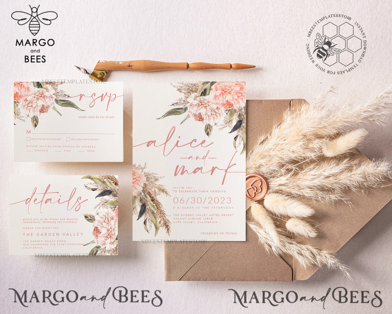 Elegant Boho wedding Invitations Set Template, Instant Download Printable Invites Home Printing, Simple Boho Wedding Invitation Card Set-0