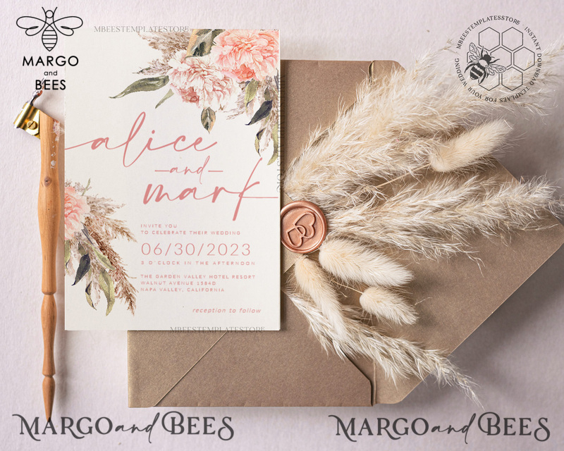 Elegant Boho wedding Invitations Set Template, Instant Download Printable Invites Home Printing, Simple Boho Wedding Invitation Card Set-1