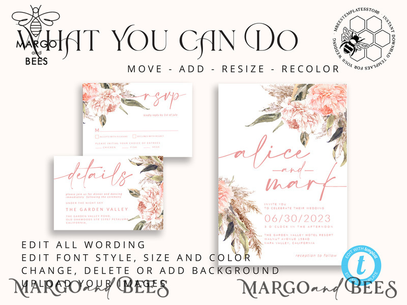 Elegant Boho wedding Invitations Set Template, Instant Download Printable Invites Home Printing, Simple Boho Wedding Invitation Card Set-6
