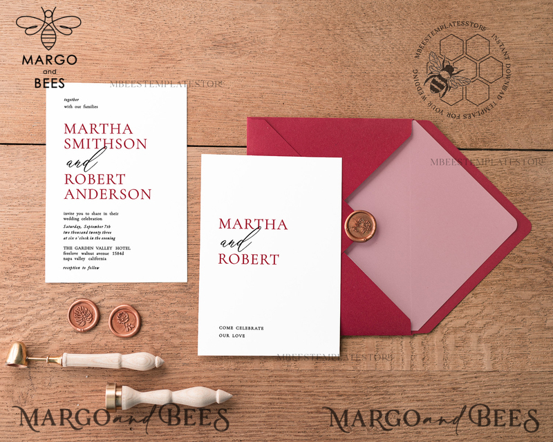 Minimalist Maroon wedding invitation template, Instant download Invite, Printable Invites For Home Printing, Burgundy wedding invitations-2