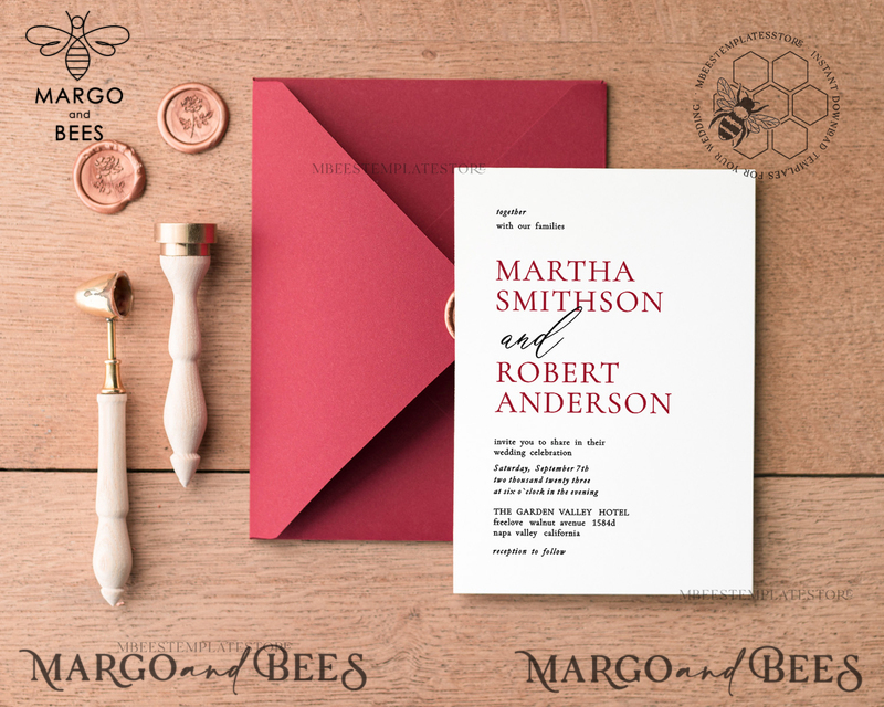 Minimalist Maroon wedding invitation template, Instant download Invite, Printable Invites For Home Printing, Burgundy wedding invitations-1