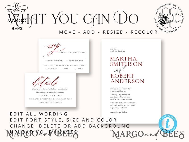 Minimalist Maroon wedding invitation template, Instant download Invite, Printable Invites For Home Printing, Burgundy wedding invitations-4