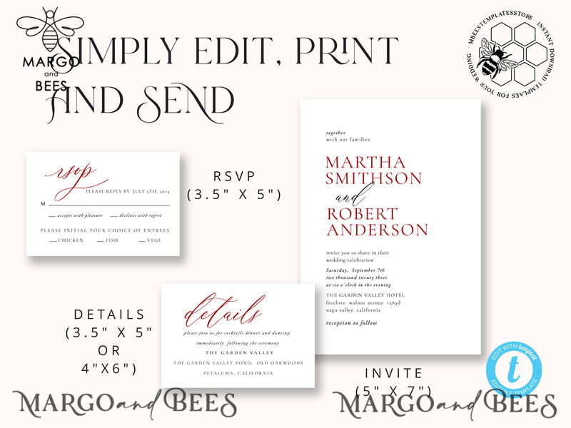 Minimalist Maroon wedding invitation template, Instant download Invite, Printable Invites For Home Printing, Burgundy wedding invitations-5