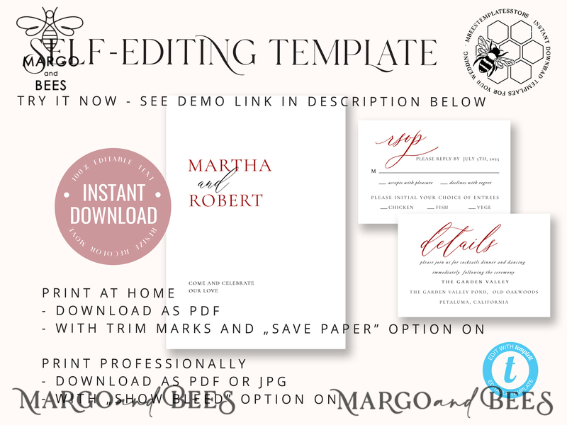 Minimalist Maroon wedding invitation template, Instant download Invite, Printable Invites For Home Printing, Burgundy wedding invitations-6