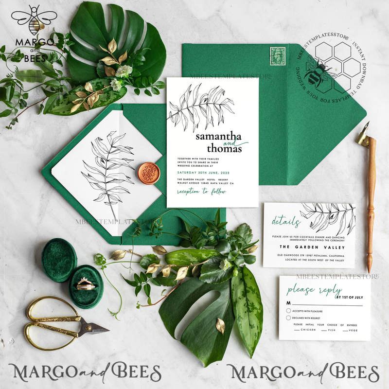 Eucalyptus Green wedding invitation template, Instant download Greenery Wedding Invites, Modern Tropical Wedding Invitation Printable-0