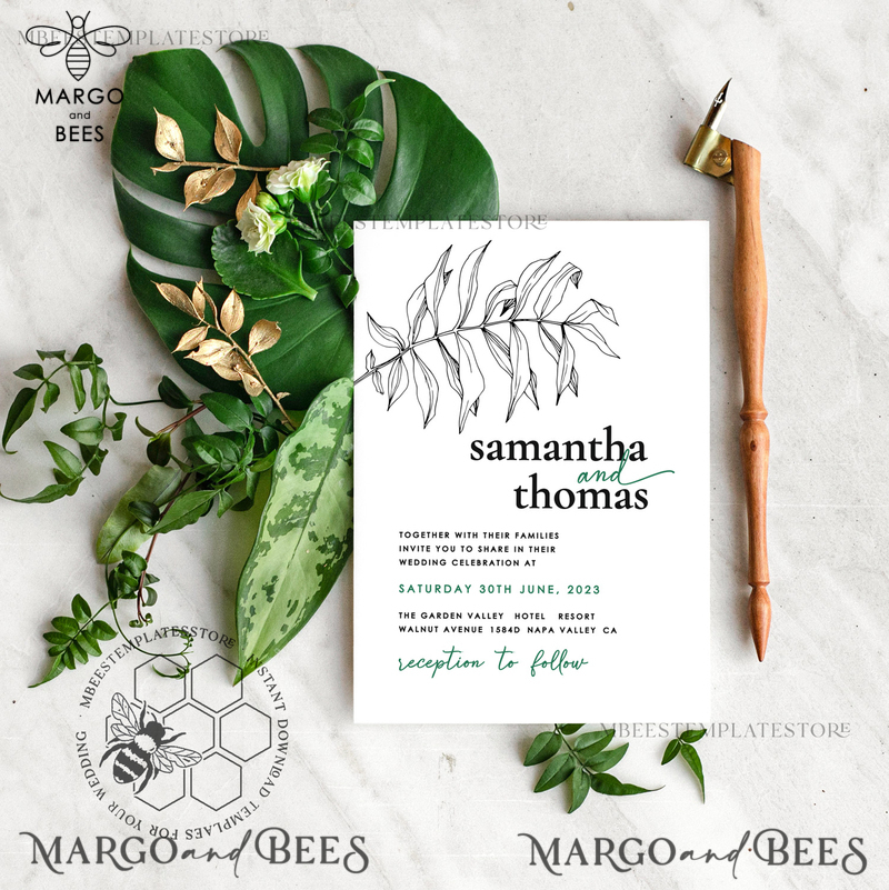 Eucalyptus Green wedding invitation template, Instant download Greenery Wedding Invites, Modern Tropical Wedding Invitation Printable-1