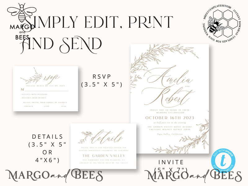 Boho Beige wedding Invitations Set Template, Instant Download Printable Invites Home Printing, Simple Wedding Invitation Card, WBoho17-4
