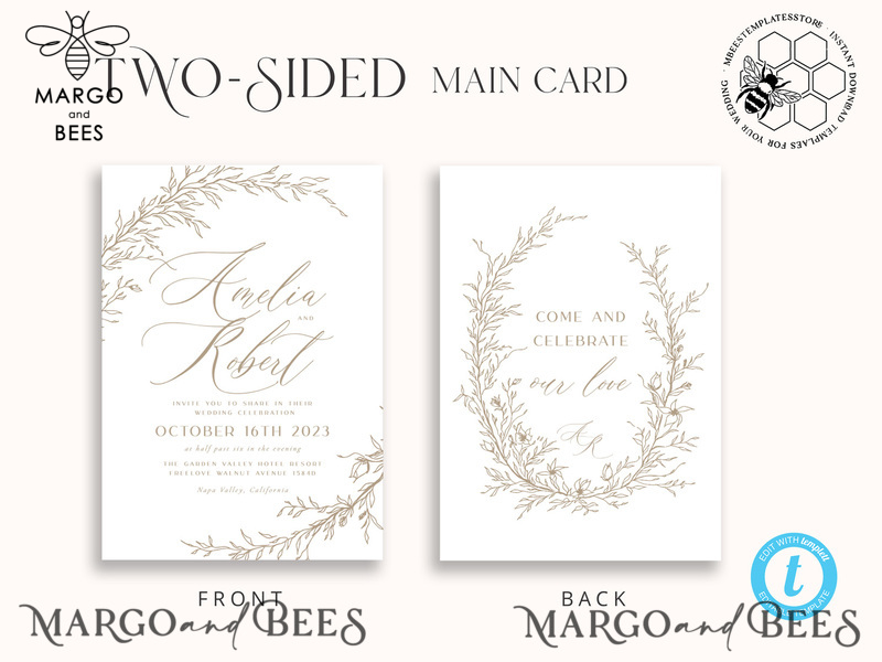 Boho Beige wedding Invitations Set Template, Instant Download Printable Invites Home Printing, Simple Wedding Invitation Card, WBoho17-3