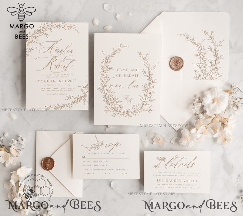 Boho Beige wedding Invitations Set Template, Instant Download Printable Invites Home Printing, Simple Wedding Invitation Card, WBoho17-0