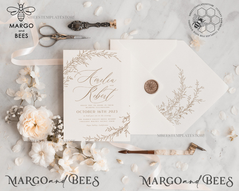 Boho Beige wedding Invitations Set Template, Instant Download Printable Invites Home Printing, Simple Wedding Invitation Card, WBoho17-2