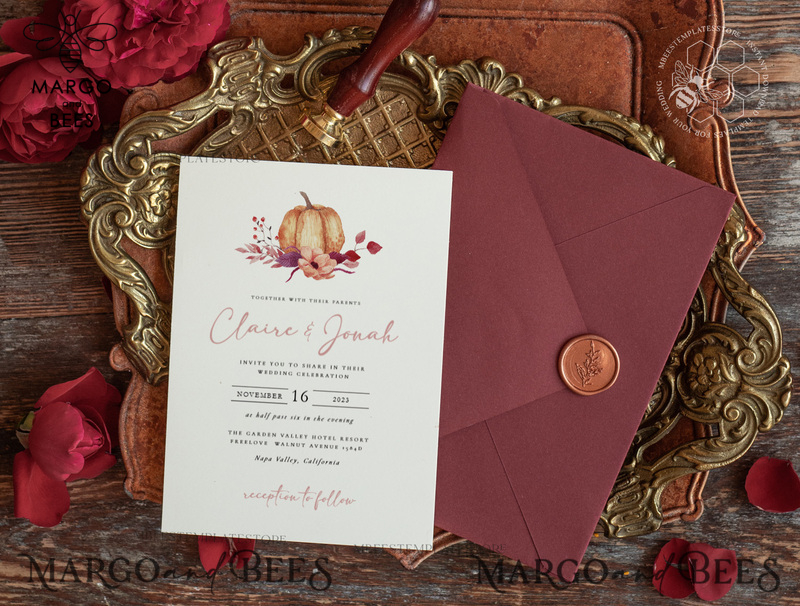 Boho fall wedding Invitations Set Pumpkin Template, Instant Fall Download Printable Invites Home Printing, Terracotta Autumn Wedding Invitation Card Set-1