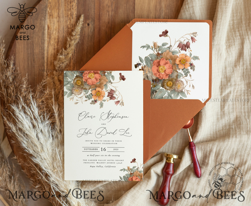 Boho fall wedding Invitations Set Template, Instant Download Printable Invites Home Printing, Terracotta Autumn Fine Art Invitation Card Set-1
