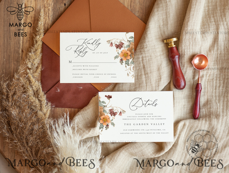 Boho fall wedding Invitations Set Template, Instant Download Printable Invites Home Printing, Terracotta Autumn Fine Art Invitation Card Set-2