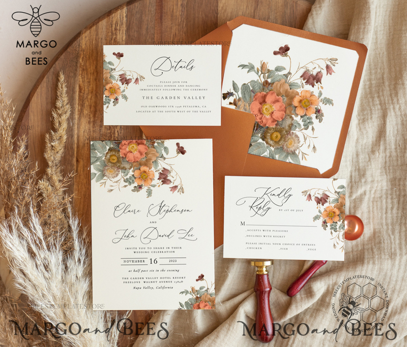 Boho fall wedding Invitations Set Template, Instant Download Printable Invites Home Printing, Terracotta Autumn Fine Art Invitation Card Set-0