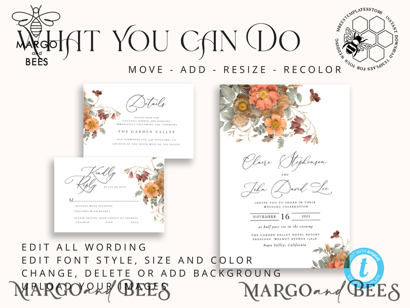 Boho fall wedding Invitations Set Template, Instant Download Printable Invites Home Printing, Terracotta Autumn Fine Art Invitation Card Set-3