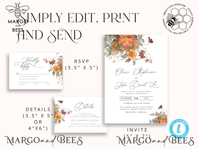 Boho fall wedding Invitations Set Template, Instant Download Printable Invites Home Printing, Terracotta Autumn Fine Art Invitation Card Set-4