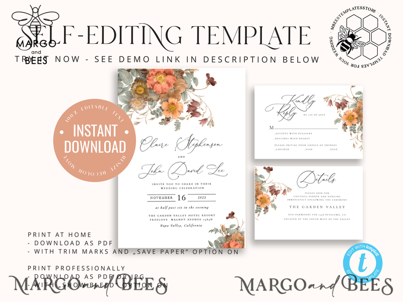 Boho fall wedding Invitations Set Template, Instant Download Printable Invites Home Printing, Terracotta Autumn Fine Art Invitation Card Set-5