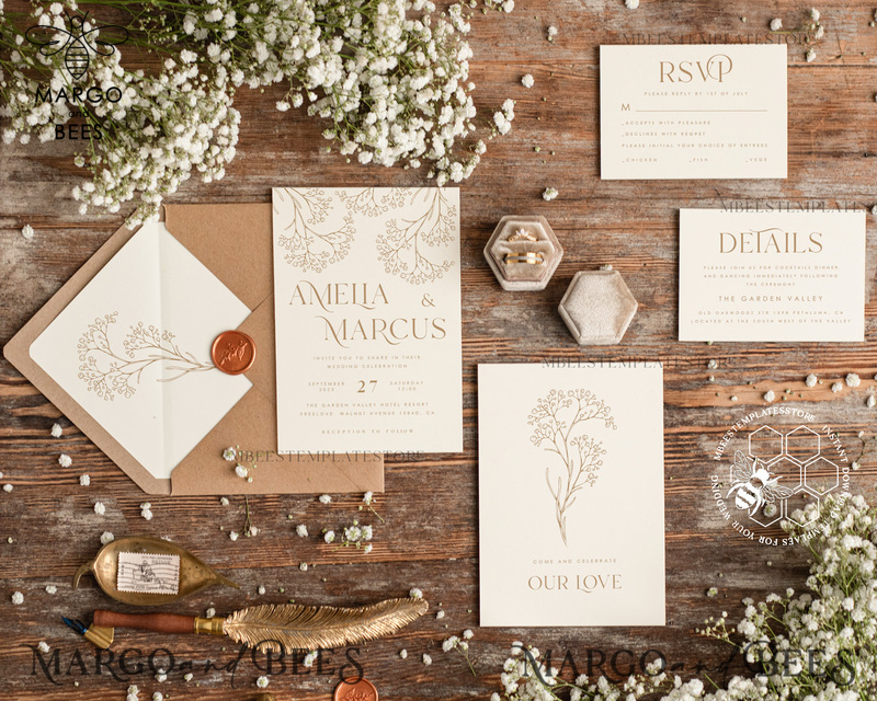 Rustic gypsophila wedding Invitations suiteTemplate, Instant Download Printable Invites Home Printing, Boho Baby Breath Wedding Cards Set -3