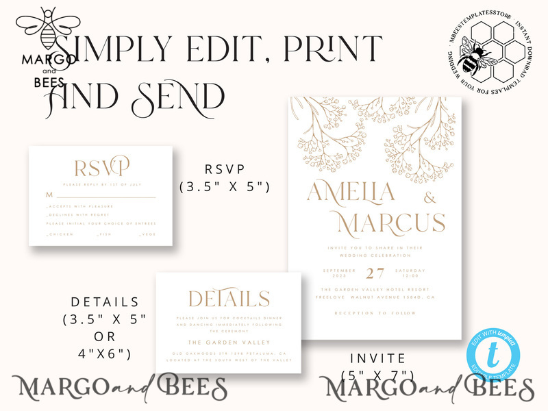 Rustic gypsophila wedding Invitations suiteTemplate, Instant Download Printable Invites Home Printing, Boho Baby Breath Wedding Cards Set -6