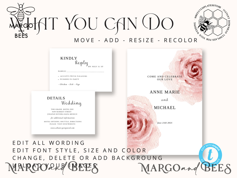 Elegant Blush wedding Invitation Template, Instant Download Printable Invites Home Printing, Pink Boho Wedding Invitation Card Set Template-6