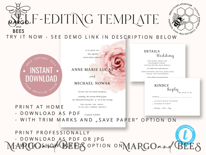 Elegant Blush wedding Invitation Template, Instant Download Printable Invites Home Printing, Pink Boho Wedding Invitation Card Set Template-8