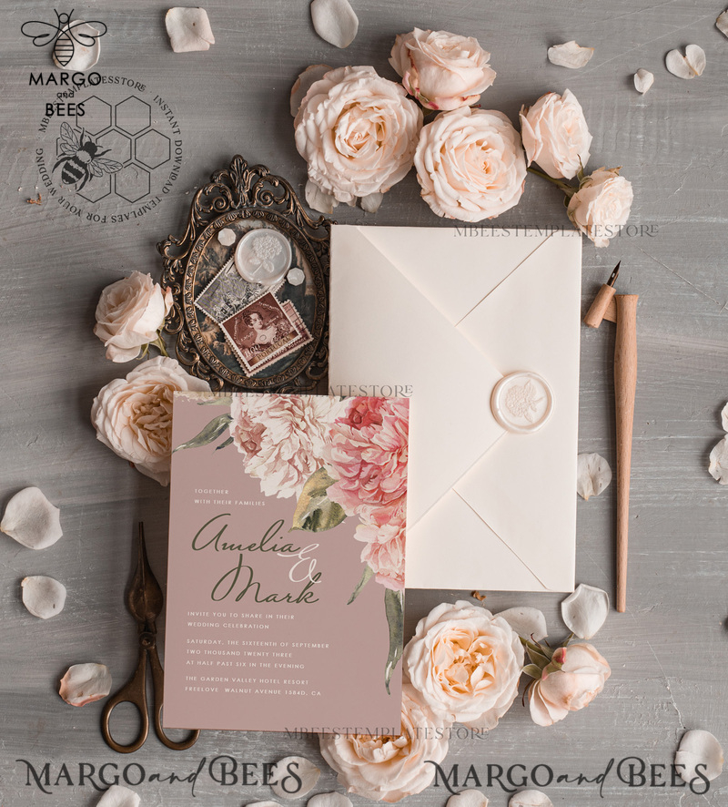 Elegant wedding invitation template, Instant download Invite, Printable Invites For Home Printing, pink boho wedding invitations-1