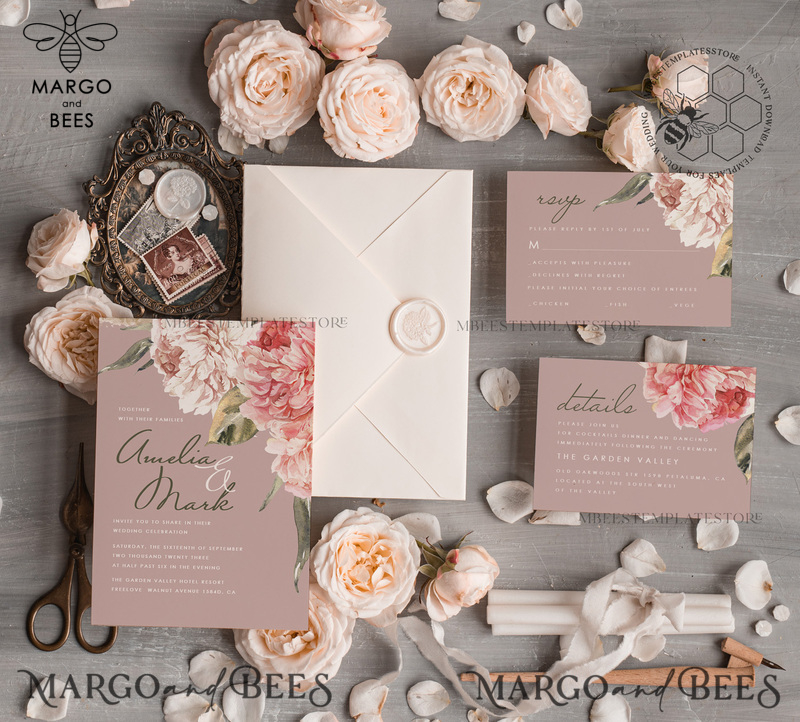 Elegant wedding invitation template, Instant download Invite, Printable Invites For Home Printing, pink boho wedding invitations-2