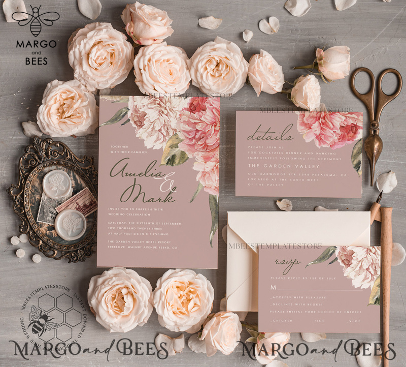 Elegant wedding invitation template, Instant download Invite, Printable Invites For Home Printing, pink boho wedding invitations-3
