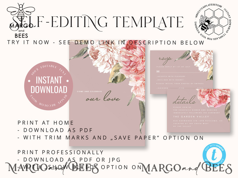 Elegant wedding invitation template, Instant download Invite, Printable Invites For Home Printing, pink boho wedding invitations-4