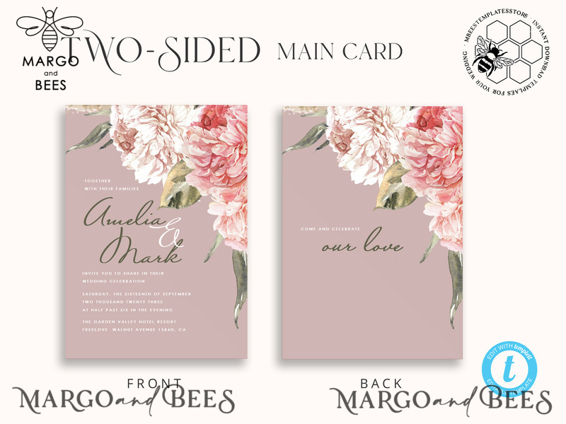 Elegant wedding invitation template, Instant download Invite, Printable Invites For Home Printing, pink boho wedding invitations-5