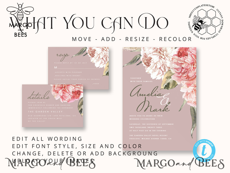 Elegant wedding invitation template, Instant download Invite, Printable Invites For Home Printing, pink boho wedding invitations-7