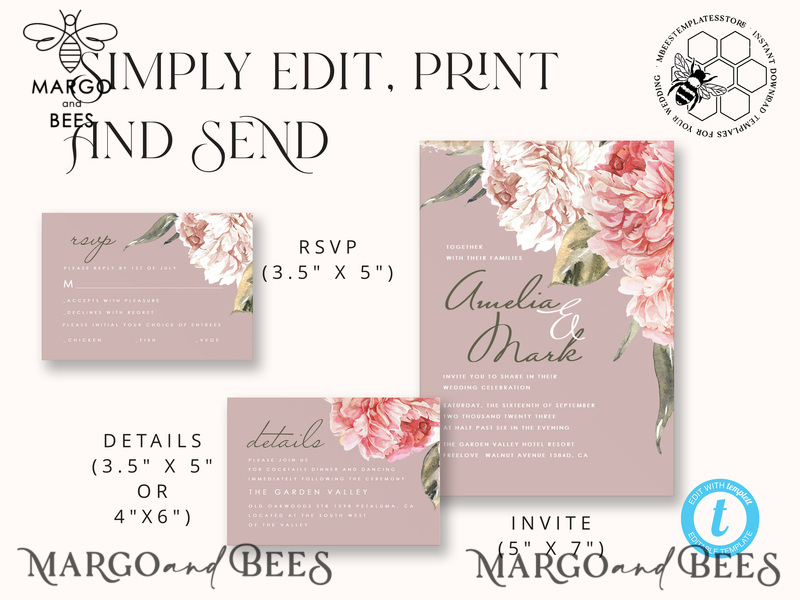 Elegant wedding invitation template, Instant download Invite, Printable Invites For Home Printing, pink boho wedding invitations-8