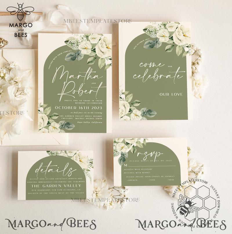 Boho Sage Green wedding Invitations Set Template, Instant Download Printable Invites Home Printing, Simple  Wedding Invitation Card, WBoho13-0