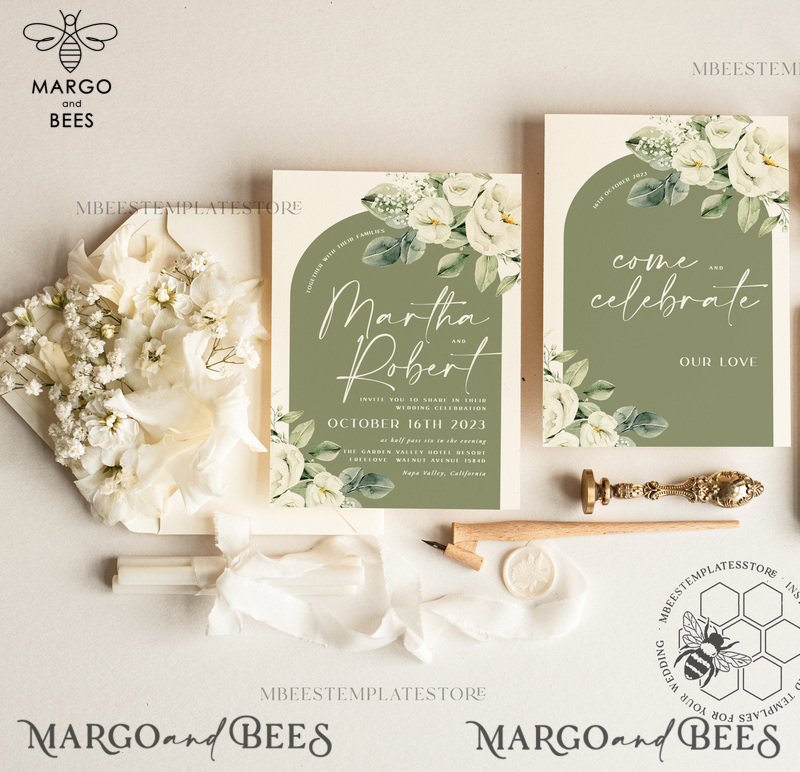 Boho Sage Green wedding Invitations Set Template, Instant Download Printable Invites Home Printing, Simple  Wedding Invitation Card, WBoho13-2