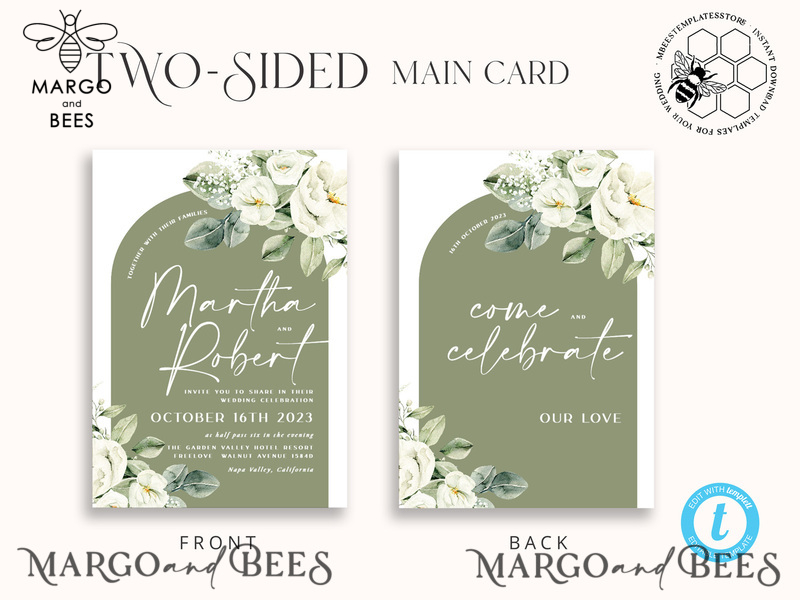 Boho Sage Green wedding Invitations Set Template, Instant Download Printable Invites Home Printing, Simple  Wedding Invitation Card, WBoho13-3