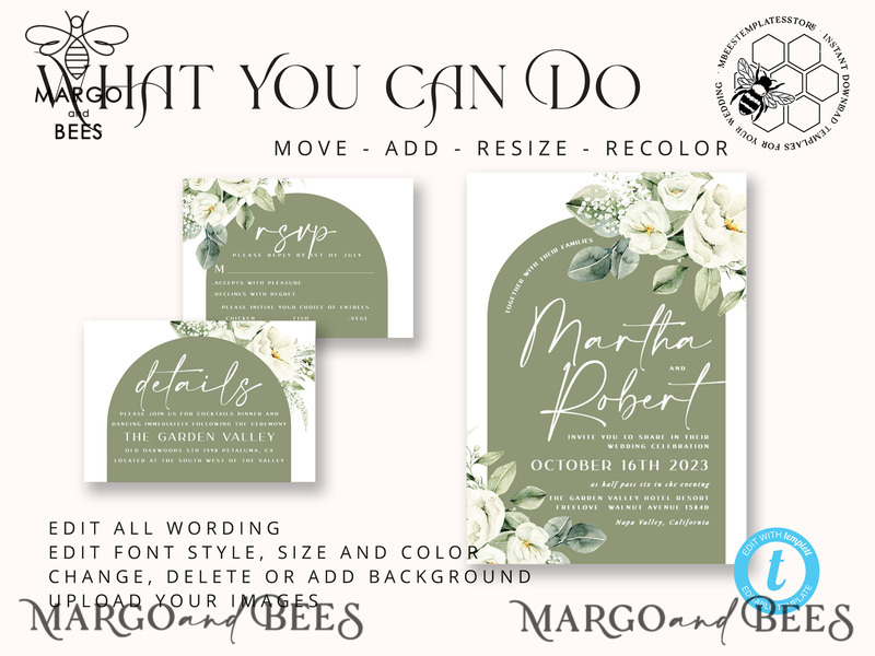 Boho Sage Green wedding Invitations Set Template, Instant Download Printable Invites Home Printing, Simple  Wedding Invitation Card, WBoho13-4