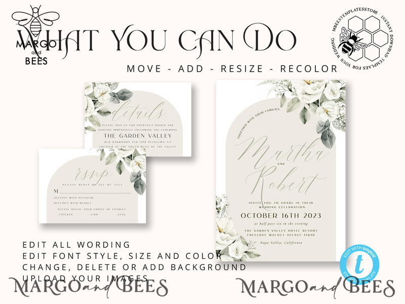 Boho Sage Green wedding Invitations Set Template, Instant Download Printable Invites Home Printing, Simple  Wedding Invitation Card, WBoho14-5