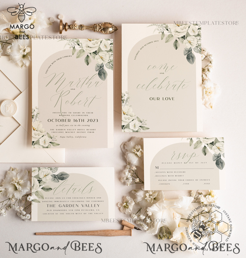 Boho Sage Green wedding Invitations Set Template, Instant Download Printable Invites Home Printing, Simple  Wedding Invitation Card, WBoho14-2
