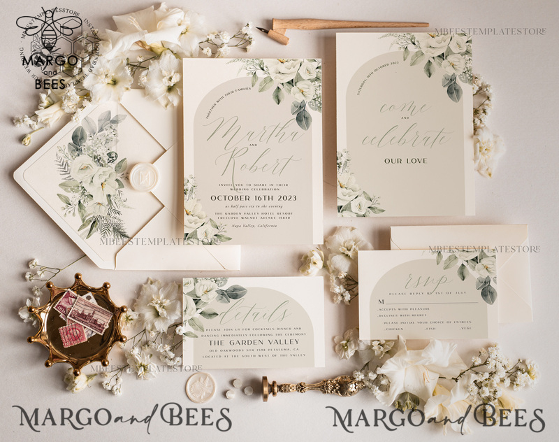 Boho Sage Green wedding Invitations Set Template, Instant Download Printable Invites Home Printing, Simple  Wedding Invitation Card, WBoho14-0