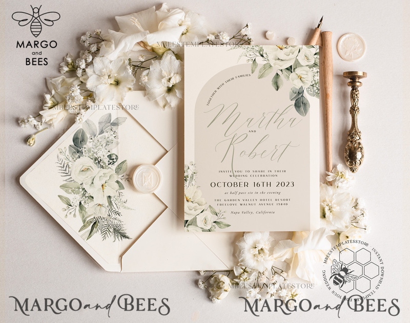 Boho Sage Green wedding Invitations Set Template, Instant Download Printable Invites Home Printing, Simple  Wedding Invitation Card, WBoho14-1