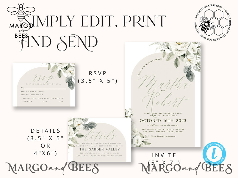 Boho Sage Green wedding Invitations Set Template, Instant Download Printable Invites Home Printing, Simple  Wedding Invitation Card, WBoho14-3